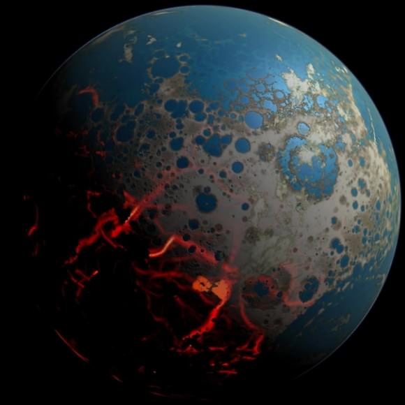 An artistic conception of the early Earth, showing a surface pummeled by large impact, resulting in extrusion of deep seated magma onto the surface. Formation of additional minerals began at this time, probably on Mars as well. At the same time, distal portion of the surface could have retained liquid water. Credit: Simone Marchi