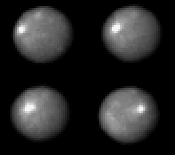 Pictures of the asteroid Ceres taken by the Hubble Space Telescope and released in 2005. It shows the asteroid moving over two hours and 20 minutes, which is about a quarter of a day on Ceres (nine hours). At the time, scientists said the bright spot is a mystery. Credit: NASA, ESA, J. Parker (Southwest Research Institute), P. Thomas (Cornell University), and L. McFadden (University of Maryland, College Park)