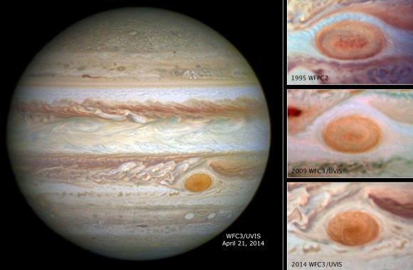 The Hubble Space Telescope shows the shrinking size of Jupiter's Great Red Spot in this series of images taken between 1995 and 2014. Credit: NASA, ESA, and A. Simon (Goddard Space Flight Center)