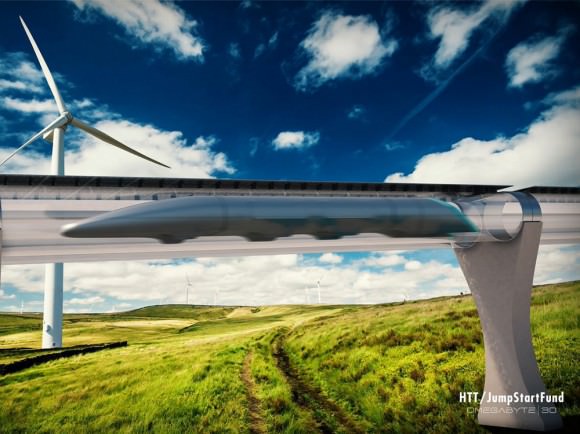 Concept art of what a completed Hyperloop would look like amidst the countryside. Credit: HTT/JumpStartFund