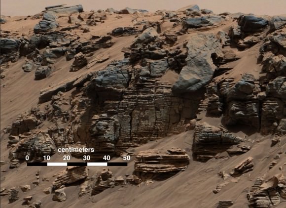 This evenly layered rock photographed by the Mast Camera (Mastcam) on NASA's Curiosity Mars Rover on Aug. 7, 2014, shows a pattern typical of a lake-floor sedimentary deposit not far from where flowing water entered a lake. Credit:  NASA/JPL-Caltech/MSSS. 