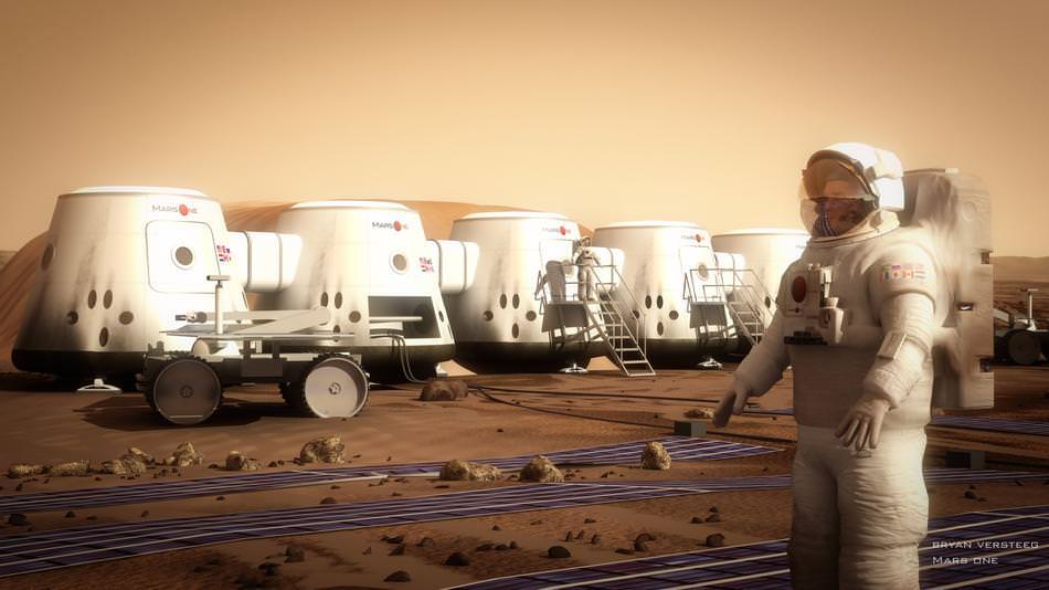 Artist's concept of a Martian astronaut standing outside the Mars One habitat. Credit: Bryan Versteeg/Mars One