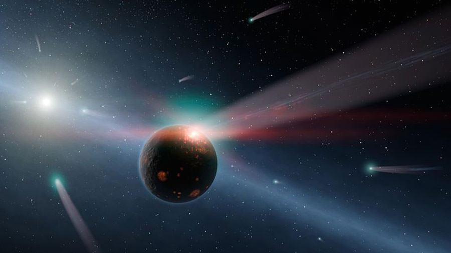 Illustration of a rocky planet being bombarded by comets. (Image credit: NASA/JPL-Caltech)