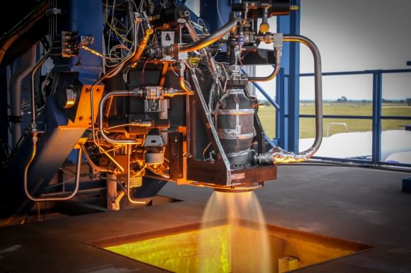 A SuperDraco engine being tested at the McGregor Facility in Texas. Credit: SpaceX