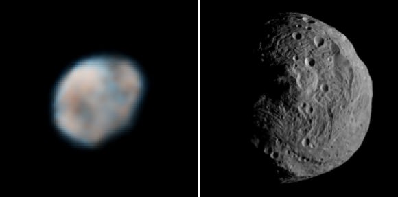 Vesta seen from the Earth-orbit based Hubble Space Telescope in 2007 (left) and up close with the Dawn spacecraft in 2011. Hubble Credit: NASA, ESA, and L. McFadden (University of Maryland). Dawn Credit: NASA/JPL-Caltech/UCLA/MPS/DLR/IDA. Photo Combination: Elizabeth Howell