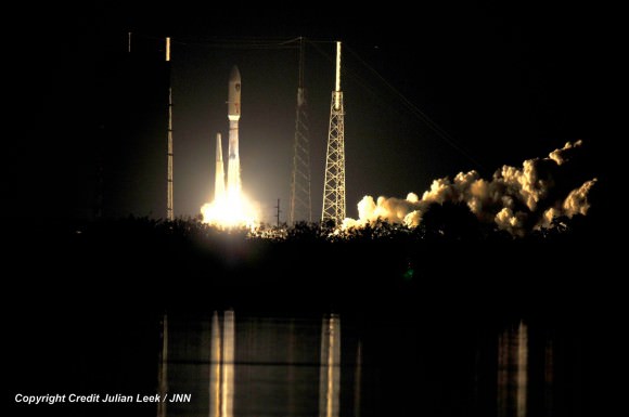 Launch of ULA  Atlas V rocket sending MUOS-3 satcom to orbit for the US Navy from Space Launch Complex-41 at 8:04 p.m. EST on Jan. 20, 2015. Credit: Julian Leek