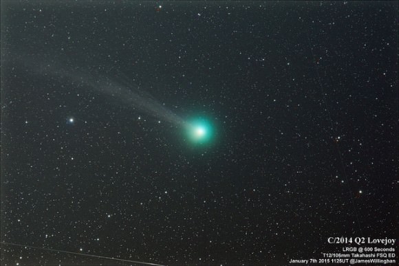 C/2014 Q2 Lovejoy on 7th January 2015. A couple of satellites managed to sneak in the image, too! Credit and copyright: JP Willinghan. 