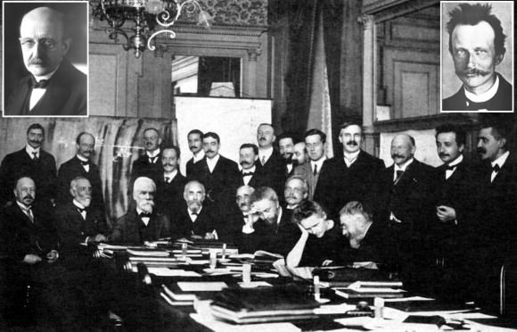 The first Solvay Conference in 1911 was organized by Max Planck and Hendrik Lorentz. Planck is standing, second from left. The first Solvay, by invitation only, included most of the greatest scientists of the early 20th Century. While Planck is known for his work on quanta, the groundwork for quantum theory - the Universe in minutiae , the Planck telescope is surveying the Universe in the large. Physicists are closer to unifying the nature of the two extremes. Insets - Planck (1933, 1901). 