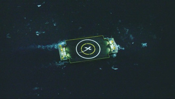 SpaceX drone ship sailing at sea to hold position awaiting Falcon 9 rocket landing.  Credit: Elon Musk/SpaceX 