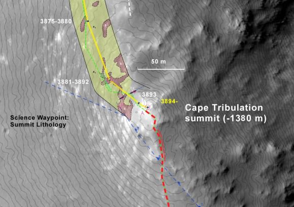 A map showing the location on the local summit of Cape Tribulation (1 m contours) and the geology up to this location. Credit: Larry Crumpler/MER Science Team/New Mexico Museum of Natural History & Science. 