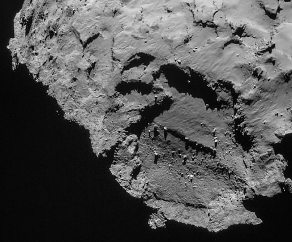 Impact craters appear to be rare on the comet. The larger circular depression Hatmehit on the comet's smaller lobe may have formed instead through excavation by the explosive release of material from heated gases beneath the comet's surface. 