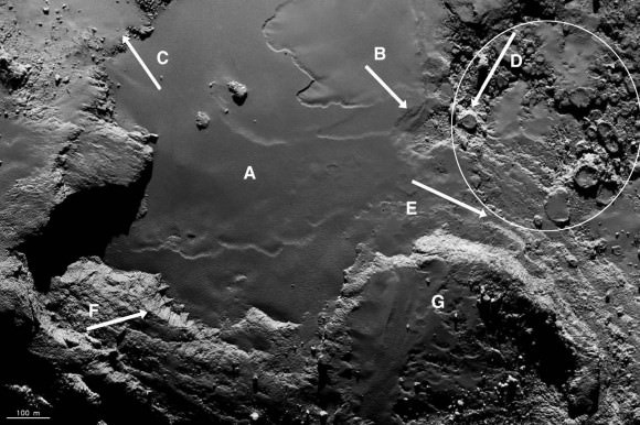 Smooth terrain in the Imhotep region showing layering (B) and circular structures or pits (circled). Credit: 