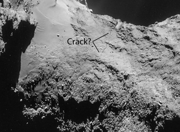 The fissure is not a very recent event. Universe Today's Bob King published an earlier image in his blog in September and added a question to illustrate. Whether the crack has widen since this time is not certain. (Image Credit: ESA, Illustration, Bob King)