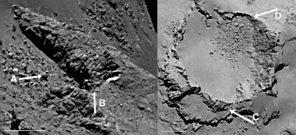 An exposed spur of material shows lots of irregular fracturing (left). At right is a circular depression that appears to have been uplifted on the left side with vertical fractures (C) and collapse on the right with debris fallen from the upper slope. Credit: 