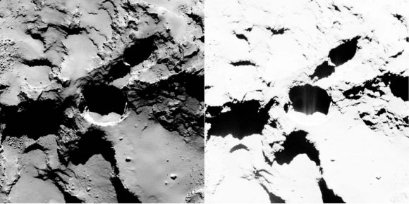 A pit in Seth at left show clearly visible jetting in the enhanced contrast image (right). Credit: ESA/Rosetta/MPS for OSIRIS Team MPS/UPD/LAM/IAA/SSO/INTA/UPM/DASP/IDA