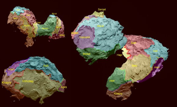 Scientists have defined 19 regions on Comet 67P/Churyumov-Gerasimenko's nucleus grouped according to terrain. Each is named for an ancient Egytptian deity. Credits: ESA/Rosetta/MPS/OSIRIS Team/UPD/LAM/IAA/SSO /INTA/UPM/DASP/IDA