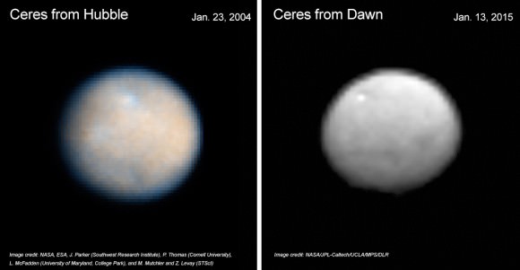 Comparison of HST and Dawn FC images of Ceres taken nearly 11 years apart. Credit: NASA.