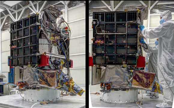 DSCOVR in the final stages of integration prior to shipment to the Cape. Two perspectives, one with engineers in a clean room revealing the relative size. (Photo Credits: NASA/GSFC)