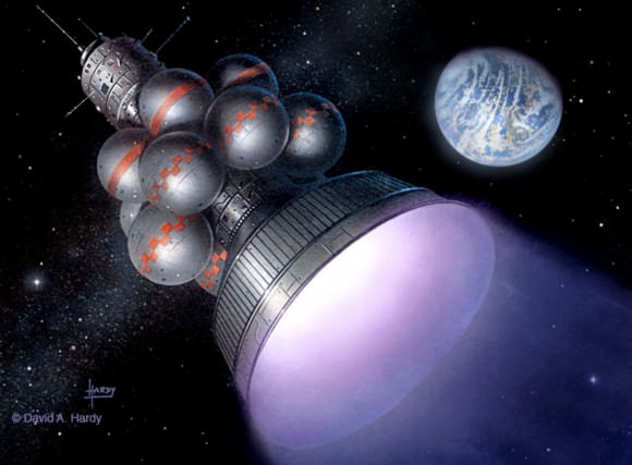 David Hardy's illustration of the Daedalus Project envisioned by the British Interplanetary Society: a spacecraft to travel to the nearest stars. Advances in artificial intelligence and robotics leads one to ask who shall reside inside such a future vessel - robotic surrogates or human beings. (Credit: D. Hardy)