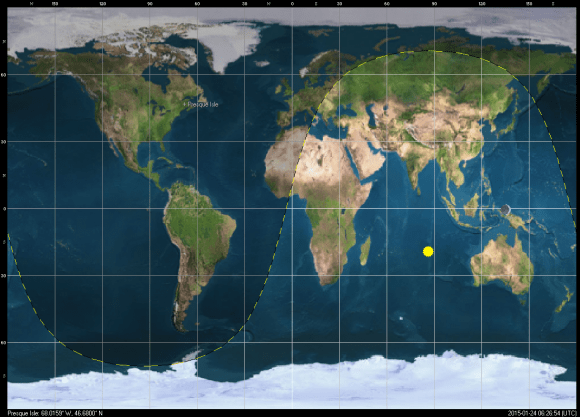 The orientation of Earth's nighttime shadow at mid-triple transit. Credit: Created using Orbitron.