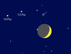 The farther south you live, the closer the moon will approach the comet tonight. This diagram shows the view from Tucson, Ariz. at nightfall when less than 1/2° will separate the two. At about the same time (~7 p.m. local time) the moon will occult or cover up a 6th magnitude star (seen poking out from its left side). Source: SkyMap