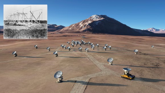 From 1937 to the present day, radio astronomy has been an ever refining merger of electronics and optics. Karl Jansky's first radio telescope, 1937 (inset) and the great ALMA array now in operation studying the Universe in the microwave region of the electromagnetic spectrum. (Credits: ESO)