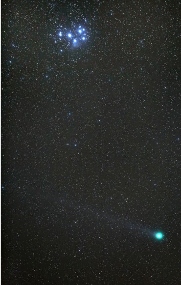 Comet Lovejoy southwest of the beautiful Pleaides star cluster on January 15th. Credit: Bob King