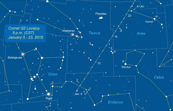 Comet Lovejoy position is shown for each night tonight through January 23rd. The comet should remain in the 4-5 magnitude range throughout. Click for a larger map you can print out and use outdoors. Click to enlarge and print for use outdoors. Source: Chris Marriott’s SkyMap software
