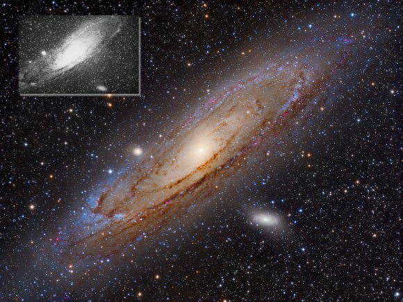 The Andromeda Galaxy, M31, the nearest spiral galaxy to the Milky Way, several times the angular size of the Moon. First photographed by Isaac Roberts, 1899 (inset), spirals are a function of gravity and the propagation of shock waves, across the expanses of such galaxies are electromagnetic fields such as reported by Planck mission scientists.