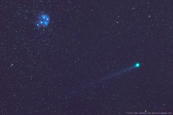 Comet Lovejoy C/2104 Q2 cruising past the open star Cluster M45 “Pleiades” or “The Seven Sisters.” Credit and copyright: John Chumack. 