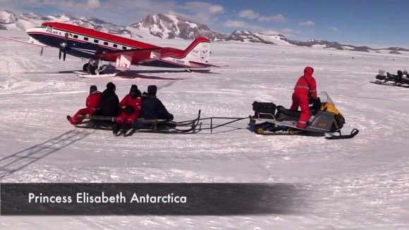 Research team members from Alfred Wegener Institute in Germany embark from a landing site at Princess Elisabeth, Antarctica. They discovered something totally unexpected - a large ringed formation on a nearby ice shelf.  (Credit: AWI)