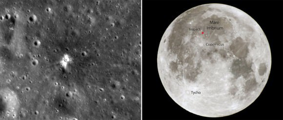Left: Fresh material brought to the surface makes the new 59-foot-wide crater look like it was spray painted white. Credit: NASA/GSFC/Arizona State University. Right: The meteoroid strike occurred near the familiar crater Copernicus in the Sea of Rains (Mare Imbrium). Credit: Bob King