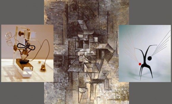 A early work of Picasso (center), the work at Bell Labs of John Bardeen, Walter Brattain, and William Shockley and the mobile art of Alexander Calder. As artists attempt to balance color and shape, the Bell Lab engineers balanced electrons essentially on the head of a pin, across junctions to achieve success and create the first transistor.