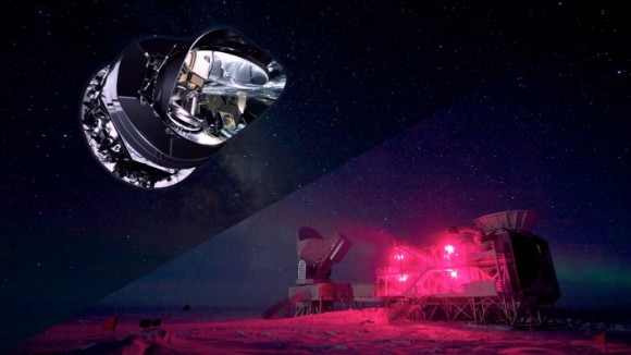 Illustration by Andy Freeberg, SLAC / South Pole Telescope photo by Keith Vanderlinde
