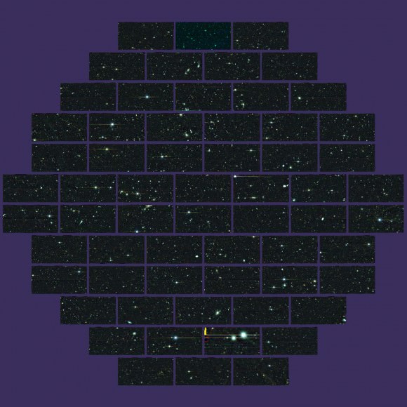 Composite Dark Energy Camera image of one of the sky regions that the collaboration will use to study supernovae, exploding stars that will help uncover the nature of dark energy. The outlines of each of the 62 charge-coupled devices can be seen. This picture spans 2 degrees across on the sky and contains 520 megapixels. (Credit: Fermilab)
