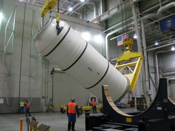 Preparations completed for final segment of Space Launch System upcoming booster test set for March 2015. Credit: ATK