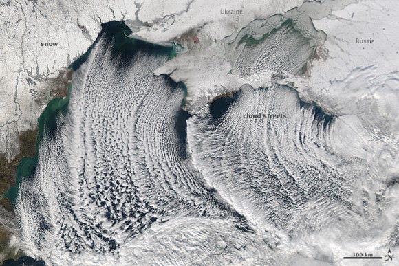 Snow and 'cloud streets' over the Black Sea on January 8, 2015. Image is from  the Moderate Resolution Imaging Spectroradiometer (MODIS) on the Aqua satellite. Credit: NASA. 