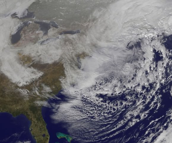 On January 27, 2015 at 17:35 UTC (12:35 p.m. EST) NOAA's Geostationary Operational Environmental or GOES- East satellite captured an image of the nor'easter over New England. Credit: NASA/NOAA GOES Project 
