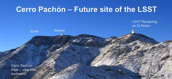 Cerro Pachon is already home to the Gemini South 8-meter telescope and the SOAR 4.1-meter telescope. This graphic also shows LSST's future site.  Credit:  C. Claver, NOAO/LSST 