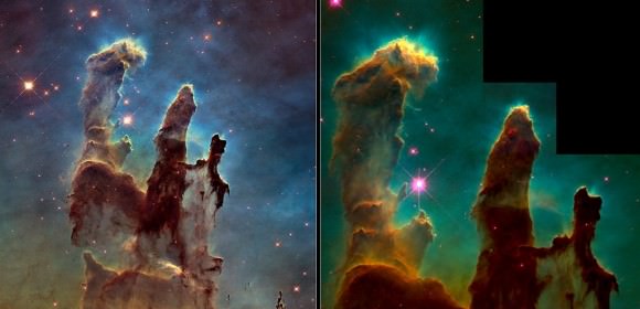 The Eagle Nebula's pillars of creation taken in 1995 (right) and 2015. The new image was obtained with the Wide Field Camera 3, installed by astronauts in 2009. Credit: Left: NASA, ESA/Hubble and the Hubble Heritage Team. Right: NASA, ESA/Hubble, STScI, J. Hester and P. Scowen (Arizona State University) 