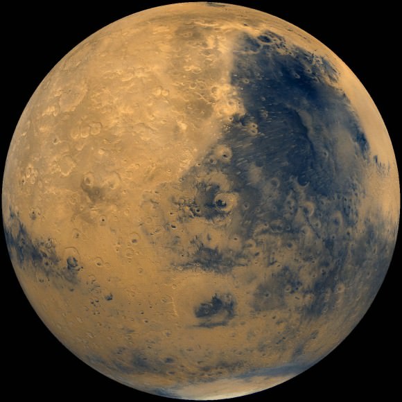 Global mosaic of Mars showing the dark basaltic Syrtis Major Planus region made from Viking Orbiter images. (NSSDC)