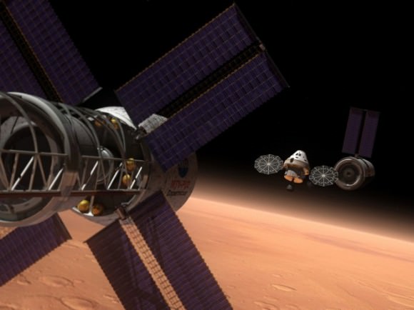 Concept art showing a nuclear thermal propulsion piloted craft achieving Mars orbit. Credit: NASA