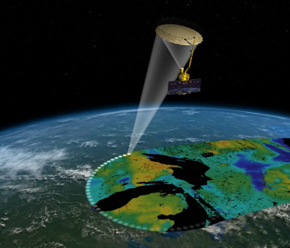 Artist's rendering of the Soil Moisture Active Passive satellite. The width of the region scanned on Earth’s surface during each orbit is about 620 miles (1,000 kilometers).  Image credit: NASA/JPL-Caltech