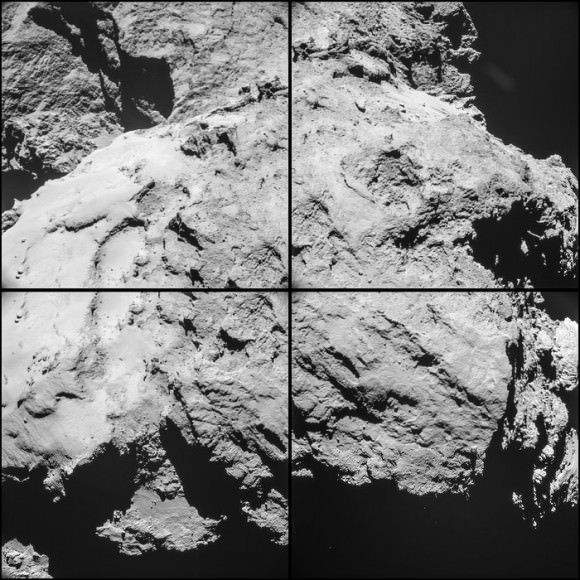 Four-image mosaic made from NavCam images acquired on Feb. 14, 2015 at a distance of 12.6 km. Credits: ESA/Rosetta/NavCam – CC BY-SA IGO 3.0.