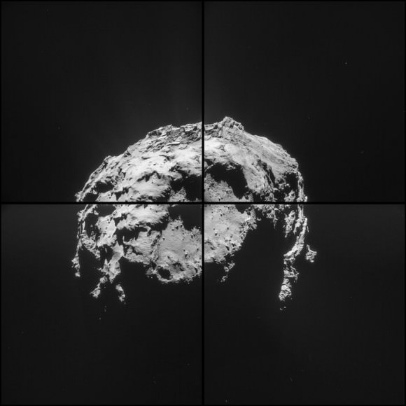 Four-image mosaic made from NavCam images acquired on Feb. 14, 2015 at a distance of 35 km. Credits: ESA/Rosetta/NavCam – CC BY-SA IGO 3.0.