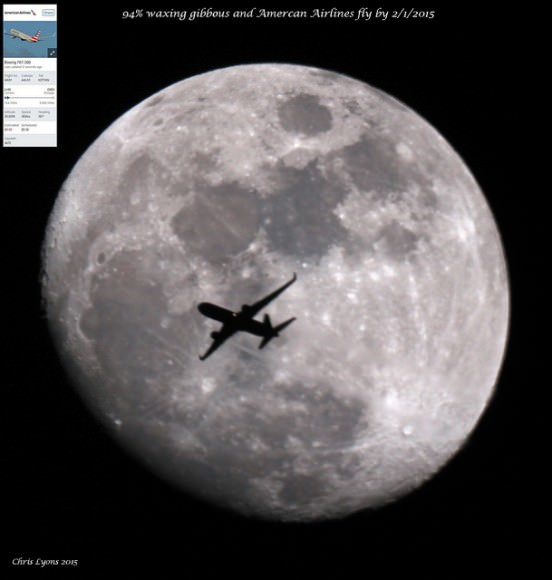 A waxing gibbous Moon with an  American Airlines flyby  on Feb. 2, 2015. Credit and copyright: Chris Lyons. 