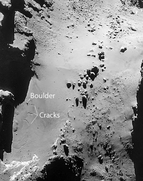 Take a look at this photo taken on December 9 of a part of the neck of the comet called Hapi. I've labeled a boulder and three prominent cracks. Sunlight is coming from top and behind in this image. Compare to the photo below shot on Jan. 8. Credit: ESA/Rosetta/Navcam