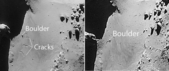 Side by side comparison of the two image from Dec. 9, 2014 (left) and Jan. 8, 2015. Credit: ESA/Rosetta/Navcam
