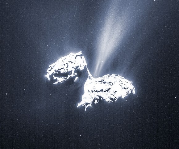 Single-frame NavCam image of comet 67P/C-G imaged on Feb. 6, 2015. Credits: ESA/Rosetta/NAVCAM – CC BY-SA IGO 3.0. Edited by Jason Major.