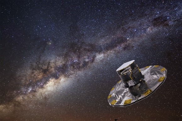 A missÃ£o Gaia da ESA estÃ¡ atualmente em uma missÃ£o de cinco anos para mapear as estrelas da Via LÃ¡ctea.  Gaia encontrou evidÃªncias de uma colisÃ£o galÃ¡ctica que ocorreu entre 300 milhÃµes e 900 milhÃµes de anos atrÃ¡s.  CrÃ©dito de imagem: medialab da ESA / ATG;  fundo: ESO / S.  Brunier.